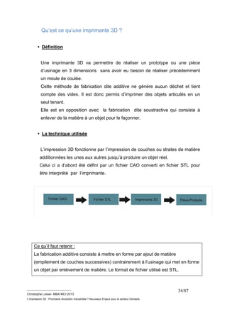 __________________________ 
Christophe Loisel– MBA MCI 2013 
L’impression 3D : Prochaine révolution Industrielle ? Nouveaux Enjeux pour le secteur Dentaire 
34/87 
Qu’est ce qu’une imprimante 3D ? 
• Définition 
Une imprimante 3D va permettre de réaliser un prototype ou une pièce 
d’usinage en 3 dimensions sans avoir eu besoin de réaliser précédemment 
un moule de coulée. 
Cette méthode de fabrication dite additive ne génère aucun déchet et tient 
compte des vides. Il est donc permis d’imprimer des objets articulés en un 
seul tenant. 
Elle est en opposition avec la fabrication dite soustractive qui consiste à 
enlever de la matière à un objet pour le façonner. 
• La technique utilisée 
L’impression 3D fonctionne par l’impression de couches ou strates de matière 
additionnées les unes aux autres jusqu’à produire un objet réel. 
Celui ci a d’abord été défini par un fichier CAO converti en fichier STL pour 
être interprété par l’imprimante. 
Ce qu’il faut retenir : 
La fabrication additive consiste à mettre en forme par ajout de matière 
(empilement de couches successives) contrairement à l’usinage qui met en forme 
un objet par enlèvement de matière. Le format de fichier utilisé est STL. 
 