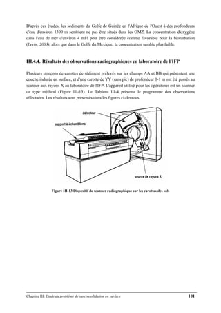 Chapitre III: Etude du problème de surconsolidation en surface 101
D'après ces études, les sédiments du Golfe de Guinée en l'Afrique de l'Ouest à des profondeurs
d'eau d'environ 1300 m semblent ne pas être situés dans les OMZ. La concentration d'oxygène
dans l'eau de mer d'environ 4 ml/l peut être considérée comme favorable pour la bioturbation
(Levin, 2003), alors que dans le Golfe du Mexique, la concentration semble plus faible.
III.4.4. Résultats des observations radiographiques en laboratoire de l'IFP
Plusieurs tronçons de carottes de sédiment prélevés sur les champs AA et BB qui présentent une
couche indurée en surface, et d'une carotte de YY (sans pic) de profondeur 0-1 m ont été passés au
scanner aux rayons X au laboratoire de l'IFP. L'appareil utilisé pour les opérations est un scanner
de type médical (Figure III-13). Le Tableau III-4 présente le programme des observations
effectuées. Les résultats sont présentés dans les figures ci-dessous.
Figure III-13 Dispositif de scanner radiographique sur les carottes des sols
 