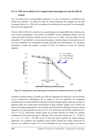 112 Chapitre IV: Etude de la compressibilité – Comportement oedométrique
IV.1.3. Effet de la salinité sur le comportement mécanique des sols du Golfe de
Guinée
On a pu penser que la surconsolidation apparente et le pic de résistance au cisaillement non
drainée des sédiments de surface du Golfe de Guinée pourraient être expliqués par un effet
osmotique (Sultan et al., 2000), dû à un gradient de concentration des ions dans l’eau interstitielle,
dont le sel (voir chapitre III).
Afin de vérifier l’effet de la salinité sur les caractéristiques de compressibilité des sédiments, une
série d’essais œdométriques a été réalisée au CERMES sur des échantillons balayés avec des
solutions de NaCl de diverses salinités (voir De Gennaro et al., 2004) : 0 g/l (non salée), 38.6 g/l
(naturelle), 77.2 g/l (double). Le processus de lessivage se termine lorsque la concentration en sel
de l’eau d’imbibition de l’échantillon est stable (contrôlée par réfractométrie). Ces opérations
nécessitent au moins une semaine, et jusqu’à 25 jours, en fonction du niveau de contrainte
appliqué.
0,5
1,0
1,5
2,0
2,5
3,0
3,5
4,0
1 10 100 1000
CONTRAINTE VERTICALE EFFECTIVE (kPa)
INDICEDESVIDES
1-11 (S=0 g/l)
1-10 (S=38,6 g/l)
1-12 (S=77,2 g/l)
NaCl2H O
19 kPa 29 kPa
Figure IV-4. Résultats des essais oedométriques en fonction de la salinité (De Gennaro et al., 2004)
D’après les résultats obtenus, il semble que l’effet du changement de salinité de l’eau interstitielle
sur les compressions œdométriques de ces argiles ne soit pas significatif. On remarquera
notamment que la compressibilité des sédiments en phase élastique (pente initiale des courbes) et
plastique (pente des courbes après l'écrouissage) est quasi identique quelque soit la salinité. On
observe une légère augmentation de la contrainte seuil d’écoulement plastique lorsque la salinité
augmente. Les seuils prennent les valeurs de 19, 23 et 29 kPa pour des salinités respectives de 0,
38.6 et 77.2 g/l. L'effet d'une salinité double de la salinité naturelle ne semble pas modifier
notablement la limite d'écrouissage du sédiment. L'ROC maximum (calculé pour σ'y = 29 kPa et
σ'vo = γ'z = 3,3 x 4,39 = 14,5 kPa) vaut 2. Il reste donc dans la gamme des valeurs obtenues
auparavant. Ces variations sont considérés comme faibles d'autant que comme signalé par De
Gennaro et al. (2004), la salinité 77.2 g /l de l’échantillon d’essai n’est pas réaliste, car la teneur
 