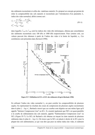 116 Chapitre IV: Etude de la compressibilité – Comportement oedométrique
des sédiments reconstitués et celles des matériaux naturels. Il a proposé un concept qui permet de
relier la compressibilité des sols naturels et reconstitués par l’introduction d’un paramètre Iv,
indice des vides normalisé, défini comme suit :
;
;
1000100
100
1000100
100
***
c
*
c
*
**
*
v
eeC
C
ee
ee
ee
I
−=
−
=
−
−
=
(IV-1)
dans laquelle e*
100 et e*
1000 sont les indices des vides dits intrinsèques, obtenus par consolidation
des sédiments reconstitués sous 100 kPa et 1000 kPa respectivement. Pour certains sols, ces
valeurs peuvent être obtenues à partir de l’indice des vides à la limite de liquidité, eL. Ces
corrélations sont présentées dans Burland (1990).
Figure IV-7. Définition de ICL et SCL des sédiments (d'après Burland, 1990)
En utilisant l’indice des vides normalisé Iv, on peut corréler les compressibilités de plusieurs
argiles. En représentant les résultats des essais de compression de plusieurs argiles reconstituées
dans le plan Iv – log σ’v, Burland a trouvé que ces courbes sont alignées sur une même ligne qu'il
appelle "Intrinsic Compression Line" ou ICL. Il a montré également que l'ICL est quasi-parallèle
à la courbe de sédimentation des sols naturels, appelée "Sedimentation Compression Line" ou
SCL (Figure IV-7). La SCL de Burland a été obtenue en traçant les états naturels de plusieurs
sédiments dans le plan (Iv - log σ'v). On trouve que la SCL est placée à droite de la ICL pour la
plupart des sols sédimentaires, ce qui veut dire que pour un même indice des vides, le sédiment
 