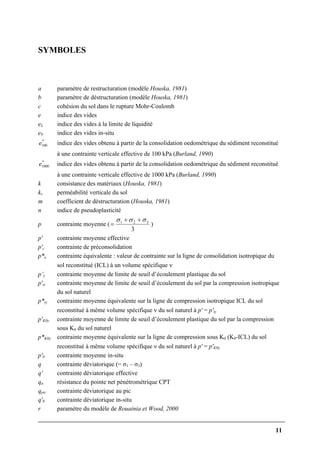11
SYMBOLES
a paramètre de restructuration (modèle Houska, 1981)
b paramètre de déstructuration (modèle Houska, 1981)
c cohésion du sol dans le rupture Mohr-Coulomb
e indice des vides
eL indice des vides à la limite de liquidité
e0 indice des vides in-situ
*
100e indice des vides obtenu à partir de la consolidation oedométrique du sédiment reconstitué
à une contrainte verticale effective de 100 kPa (Burland, 1990)
*
1000e indice des vides obtenu à partir de la consolidation oedométrique du sédiment reconstitué
à une contrainte verticale effective de 1000 kPa (Burland, 1990)
k consistance des matériaux (Houska, 1981)
kv perméabilité verticale du sol
m coefficient de déstructuration (Houska, 1981)
n indice de pseudoplasticité
p contrainte moyenne (
3
321 σσσ ++
= )
p' contrainte moyenne effective
p'c contrainte de préconsolidation
p*e contrainte équivalente : valeur de contrainte sur la ligne de consolidation isotropique du
sol reconstitué (ICL) à un volume spécifique ν
p’y contrainte moyenne de limite de seuil d’écoulement plastique du sol
p'iy contrainte moyenne de limite de seuil d’écoulement du sol par la compression isotropique
du sol naturel
p*iy contrainte moyenne équivalente sur la ligne de compression isotropique ICL du sol
reconstitué à même volume spécifique ν du sol naturel à p' = p'iy
p'K0y contrainte moyenne de limite de seuil d’écoulement plastique du sol par la compression
sous K0 du sol naturel
p*K0y contrainte moyenne équivalente sur la ligne de compression sous K0 (K0-ICL) du sol
reconstitué à même volume spécifique ν du sol naturel à p' = p'K0y
p'0 contrainte moyenne in-situ
q contrainte déviatorique (= σ1 – σ3)
q' contrainte déviatorique effective
qn résistance du pointe net pénétrométrique CPT
qpic contrainte déviatorique au pic
q'0 contrainte déviatorique in-situ
r paramètre du modèle de Rouainia et Wood, 2000
 
