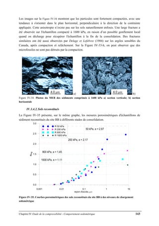 Chapitre IV Etude de la compressibilité - Comportement oedométrique 143
Les images sur la Figure IV-34 montrent que les particules sont fortement compactées, avec une
tendance à s'orienter dans le plan horizontal, perpendiculaire à la direction de la contrainte
appliquée. Cette anisotropie n’existe pas sur les sols naturellement enfouis. Une large fracture a
été observée sur l'échantillon compacté à 1600 kPa, en raison d’un possible gonflement local
quand on décharge pour récupérer l'échantillon à la fin de la consolidation. Des fractures
similaires ont été aussi observées par Delage et Lefebvre (1984) sur les argiles sensibles du
Canada, après compaction et relâchement. Sur la Figure IV-33-h, on peut observer que des
microfossiles ne sont pas détruits par la compaction.
a) b)
Figure IV-34. Photos du MEB des sédiments comprimés à 1600 kPa a) section verticale; b) section
horizontale
IV.3.4.2.Sols reconstitués
La Figure IV-35 présente, sur le même graphe, les mesures porosimétriques d'échantillons de
sédiment reconstitués du site BB à différents stades de consolidation.
0.001 0.01 0.1 1 10
rayon d'accès, μm
0.0
0.5
1.0
1.5
2.0
2.5
3.0
eHg
R 50 kPa
R 200 kPa
R 800 kPa
R 1600 kPa
50 kPa, e = 2.87
200 kPa, e = 2.17
800 kPa, e = 1.45
1600 kPa, e = 1.11
Figure IV-35. Courbes porosimétriques des sols reconstitués du site BB à des niveaux de chargement
œdométrique
4.0 μm 4.0 μm
 