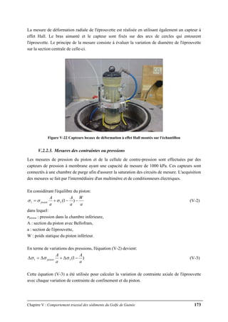 Chapitre V : Comportement triaxial des sédiments du Golfe de Guinée 173
La mesure de déformation radiale de l'éprouvette est réalisée en utilisant également un capteur à
effet Hall. Le bras aimanté et le capteur sont fixés sur des arcs de cercles qui entourent
l'éprouvette. Le principe de la mesure consiste à évaluer la variation de diamètre de l'éprouvette
sur la section centrale de celle-ci.
Figure V-22 Capteurs locaux de déformation à effet Hall montés sur l'échantillon
V.2.2.3. Mesures des contraintes ou pressions
Les mesures de pression du piston et de la cellule de contre-pression sont effectuées par des
capteurs de pression à membrane ayant une capacité de mesure de 1000 kPa. Ces capteurs sont
connectés à une chambre de purge afin d'assurer la saturation des circuits de mesure. L'acquisition
des mesures se fait par l'intermédiaire d'un multimètre et de conditionneurs électriques.
En considérant l'équilibre du piston:
a
W
a
A
a
A
piston −−+= )1(31 σσσ (V-2)
dans lequel:
σpiston : pression dans la chambre inférieure,
A : section du piston avec Bellofram,
a : section de l'éprouvette,
W : poids statique du piston inférieur.
En terme de variations des pressions, l'équation (V-2) devient:
)1(31
a
A
a
A
piston −Δ+Δ=Δ σσσ (V-3)
Cette équation (V-3) a été utilisée pour calculer la variation de contrainte axiale de l'éprouvette
avec chaque variation de contrainte de confinement et du piston.
 