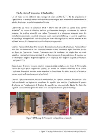174 Chapitre V : Comportement triaxial des sédiments du Golfe de Guinée
V.2.2.4. Méthode de montage de l'échantillon
Le sol étudié est un sédiment très plastique et assez sensible (St = 3-5). La préparation de
l'éprouvette et le montage de l'essai nécessitent des techniques pour minimiser le remaniement du
sol afin d'optimiser la qualité des essais effectués.
L'éprouvette de l'essai de dimension DxH = 38x76 mm est taillée au centre d’une carotte
STACOR®
de 10 cm de diamètre intérieur préalablement découpée en tronçons de 10cm de
longueur. Le système conseillé pour tailler l'éprouvette à la dimension souhaitée avec des
perturbations minimales consiste à utiliser un touret à axe vertical (Bishop et Henkel). L'opération
de découpage de l'éprouvette a été effectuée par un fil métallique de 0.2 mm de diamètre. Cette
méthode procure des éprouvettes de surface lisse et non perturbée.
Une fois l'éprouvette taillée et les mesures de dimensions et des poids effectuées, l'éprouvette est
mise dans une membrane en latex de même diamètre et deux feuillets de papier filtre sont placées
aux bouts de l'éprouvette. Ensuite, l'éprouvette (avec la membrane) est placée dans un moule
spécial en plastique conçu pour protéger le sol du remaniement dû aux opérations de montage sur
la cellule (mise en place du piston supérieur (ou le chapeau), mise en place les joints caoutchoucs
...) (Figure V-23).
Deux disques de pierres poreuses saturées en eau désaérée sont placés aux bouts de l'éprouvette.
Ensuite le moule (avec l'éprouvette dedans) est monté sur l'embase inférieure de la cellule.
L'opération de mise en place du piston supérieur et d'installation des joints peut être effectuée en
prenant appui sur le moule sans perturber le sol.
Une fois l'éprouvette mise en place et le moule enlevé, les capteurs locaux de déformation à effet
Hall sont installés sur l'éprouvette en utilisant des aiguilles pour les fixer. L’application de gouttes
de silicone sur l’emplacement de fixation des aiguilles est nécessaire afin d'éviter les fuites. La
Figure V-22 illustre une éprouvette de sol avec les capteurs locaux après le montage.
Figure V-23 Montage de l'éprouvette sur la cellule avec la moule
 