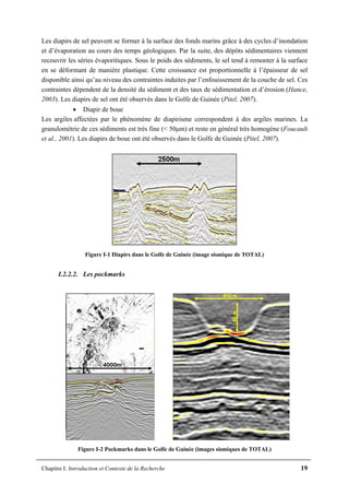 Chapitre I: Introduction et Contexte de la Recherche 19
Les diapirs de sel peuvent se former à la surface des fonds marins grâce à des cycles d’inondation
et d’évaporation au cours des temps géologiques. Par la suite, des dépôts sédimentaires viennent
recouvrir les séries évaporitiques. Sous le poids des sédiments, le sel tend à remonter à la surface
en se déformant de manière plastique. Cette croissance est proportionnelle à l’épaisseur de sel
disponible ainsi qu’au niveau des contraintes induites par l’enfouissement de la couche de sel. Ces
contraintes dépendent de la densité du sédiment et des taux de sédimentation et d’érosion (Hance,
2003). Les diapirs de sel ont été observés dans le Golfe de Guinée (Pitel, 2007).
• Diapir de boue
Les argiles affectées par le phénomène de diapirisme correspondent à des argiles marines. La
granulométrie de ces sédiments est très fine (< 50μm) et reste en général très homogène (Foucault
et al., 2001). Les diapirs de boue ont été observés dans le Golfe de Guinée (Pitel, 2007).
Figure I-1 Diapirs dans le Golfe de Guinée (image sismique de TOTAL)
I.2.2.2. Les pockmarks
Figure I-2 Pockmarks dans le Golfe de Guinée (images sismiques de TOTAL)
 