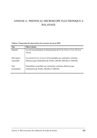 Annexe A: Microstructure des sédiments du Golfe de Guinée 231
ANNEXE A : PHOTOS AU MICROSCOPE ELECTRONIQUE A
BALAYAGE
Tableau 1 Programme des observations de la structure du sol au MEB
Sols Observations
Naturels
Sols intacts
consolidés
Sols
reconstitués
Les sols de profondeurs d’enfouissement de 0.5 m, 0.8 m, 4.3 m, 9.0 m et
14.0 m
Les sols de 0.5 m, 4.2 m et 14.0 consolidés aux contraintes verticales
effectives (par l'oedomètre) de 50 kPa, 200 kPa, 800 kPa et 1600 kPa.
Echantillons consolidés aux contraintes verticales effectives (par
l'oedomètre) de 50 kPa, 200 kPa et 1600 kPa.
 