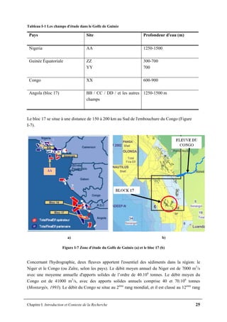 Chapitre I: Introduction et Contexte de la Recherche 25
Tableau I-1 Les champs d'étude dans le Golfe de Guinée
Pays Site Profondeur d'eau (m)
Nigeria AA 1250-1500
Guinée Équatoriale ZZ
YY
300-700
700
Congo XX 600-900
Angola (bloc 17) BB / CC / DD / et les autres
champs
1250-1500 m
Le bloc 17 se situe à une distance de 150 à 200 km au Sud de l'embouchure du Congo (Figure
I-7).
a) b)
Figure I-7 Zone d'étude du Golfe de Guinée (a) et le bloc 17 (b)
Concernant l'hydrographie, deux fleuves apportent l'essentiel des sédiments dans la région: le
Niger et le Congo (ou Zaïre, selon les pays). Le débit moyen annuel du Niger est de 7000 m3
/s
avec une moyenne annuelle d'apports solides de l’ordre de 40.106
tonnes. Le débit moyen du
Congo est de 41000 m3
/s, avec des apports solides annuels comprise 40 et 70.106
tonnes
(Montargès, 1993). Le débit du Congo se situe au 2ème
rang mondial, et il est classé au 12ème
rang
 