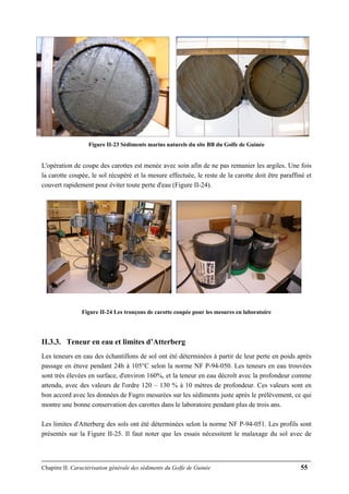 Chapitre II: Caractérisation générale des sédiments du Golfe de Guinée 55
Figure II-23 Sédiments marins naturels du site BB du Golfe de Guinée
L'opération de coupe des carottes est menée avec soin afin de ne pas remanier les argiles. Une fois
la carotte coupée, le sol récupéré et la mesure effectuée, le reste de la carotte doit être paraffiné et
couvert rapidement pour éviter toute perte d'eau (Figure II-24).
Figure II-24 Les tronçons de carotte coupée pour les mesures en laboratoire
II.3.3. Teneur en eau et limites d’Atterberg
Les teneurs en eau des échantillons de sol ont été déterminées à partir de leur perte en poids après
passage en étuve pendant 24h à 105°C selon la norme NF P-94-050. Les teneurs en eau trouvées
sont très élevées en surface, d'environ 160%, et la teneur en eau décroît avec la profondeur comme
attendu, avec des valeurs de l'ordre 120 – 130 % à 10 mètres de profondeur. Ces valeurs sont en
bon accord avec les données de Fugro mesurées sur les sédiments juste après le prélèvement, ce qui
montre une bonne conservation des carottes dans le laboratoire pendant plus de trois ans.
Les limites d'Atterberg des sols ont été déterminées selon la norme NF P-94-051. Les profils sont
présentés sur la Figure II-25. Il faut noter que les essais nécessitent le malaxage du sol avec de
 