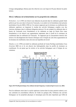 Chapitre III: Etude du problème de surconsolidation en surface 97
L'image radiographique obtenue peut être observée avec une loupe de 4X pour détecter les petits
terriers.
III.4.2. Influence de la bioturbation sur les propriétés des sédiments
Richardson et al. (1985) ont observé une réduction de porosité dans les sédiments grands fonds
prélevés par box-core dans le bassin du Venezuela, à un endroit où la bioturbation était présente
(profondeur d’eau de 2000 à 2500 m). Ces auteurs supposent que la résistance au cisaillement des
sédiments supérieurs est largement le résultat des activités biologiques couplées avec des
réactions chimiques dans le sédiment (diagenèse précoce). Ils ont comparé les sédiments dans le
bassin du Venezuela (avec bioturbation) et les sédiments au large de Puerto Rico (sans
bioturbation) et ont observé une augmentation importante dans le profil de la résistance de
cisaillement dans les sédiments du Venezuela. Ils supposent que la concentration intensive des
terriers et le développement des liaisons chimiques sont à l'origine de cette forte augmentation de
la résistance de cisaillement, mais cela reste une hypothèse de travail.
Meadows et al. (1994) ont étudié les sédiments profonds de l'océan Pacifique (profondeur d’eau
d’environ 4000 m) et ils ont observé des hétérogénéités dans les profils de résistance au
cisaillement. Ils ont pensé que les terriers et les activités biologiques sont à l'origine de ces
variations.
Figure III-9 Profil géotechnique d'un sédiment du fjord Saguenay, Canada (d'après Locat et al., 2002)
Pour les sédiments situés dans la couche supérieure (surtout dans les deux premiers mètres), avec
une contrainte de consolidation effective de l'ordre de quelques kPa, l'influence des activités
biologiques sur les propriétés physiques et mécaniques peut être plus importante que l'effet de
 