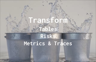 Transform
Tables
Risks
Metrics & Traces
 