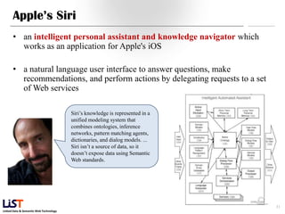 Apple’s Siri
      • an intelligent personal assistant and knowledge navigator which
        works as an application for Apple's iOS

      • a natural language user interface to answer questions, make
        recommendations, and perform actions by delegating requests to a set
        of Web services

                                        Siri’s knowledge is represented in a
                                        unified modeling system that
                                        combines ontologies, inference
                                        networks, pattern matching agents,
                                        dictionaries, and dialog models. ...
                                        Siri isn’t a source of data, so it
                                        doesn’t expose data using Semantic
                                        Web standards.




                                                                               31
Linked Data & Semantic Web Technology
 