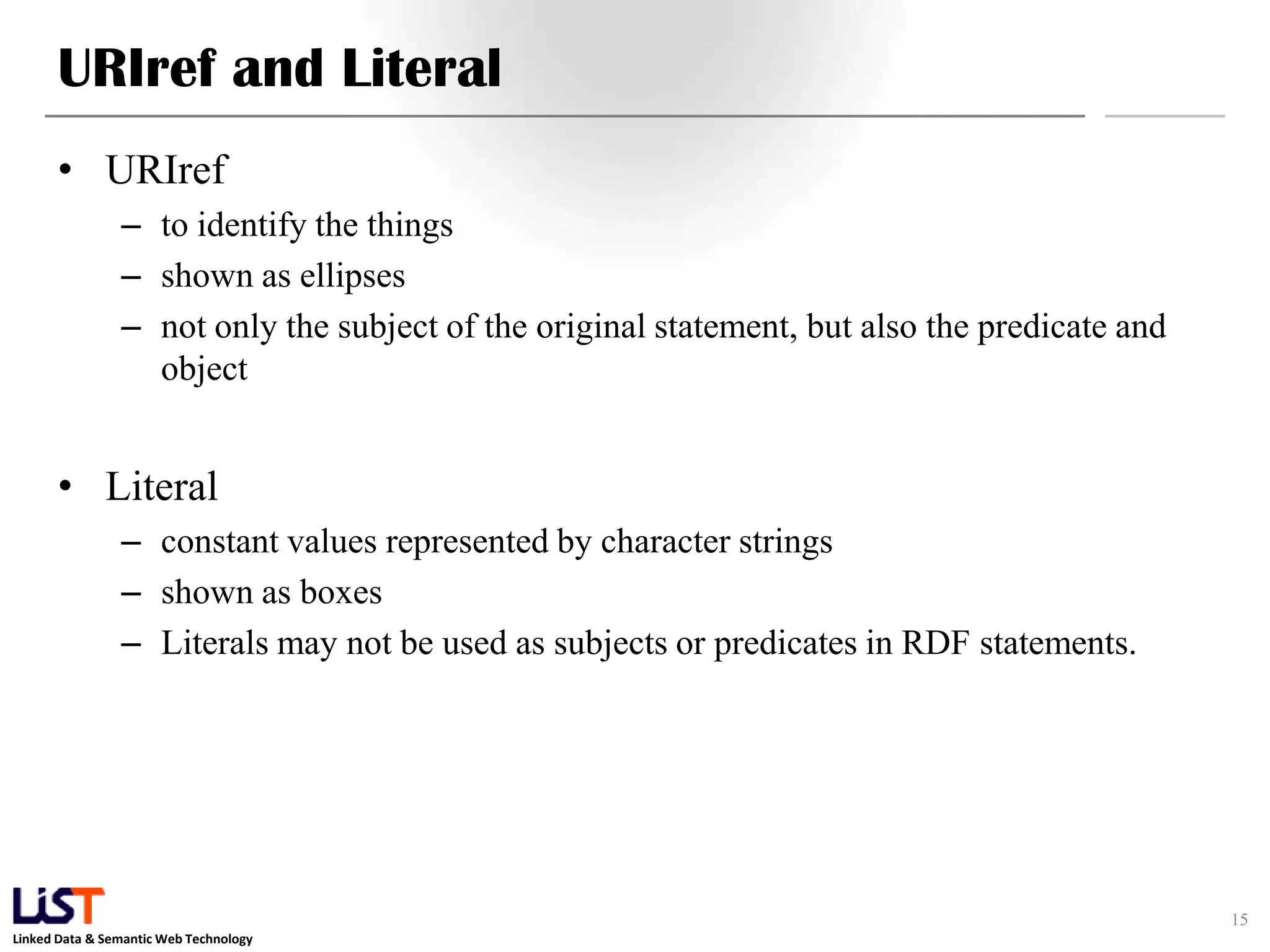 URIref and Literal
      • URIref
                – to identify the things
                – shown as ellipses
                – not only the subject of the original statement, but also the predicate and
                  object


      • Literal
                – constant values represented by character strings
                – shown as boxes
                – Literals may not be used as subjects or predicates in RDF statements.




                                                                                               15
Linked Data & Semantic Web Technology
 
