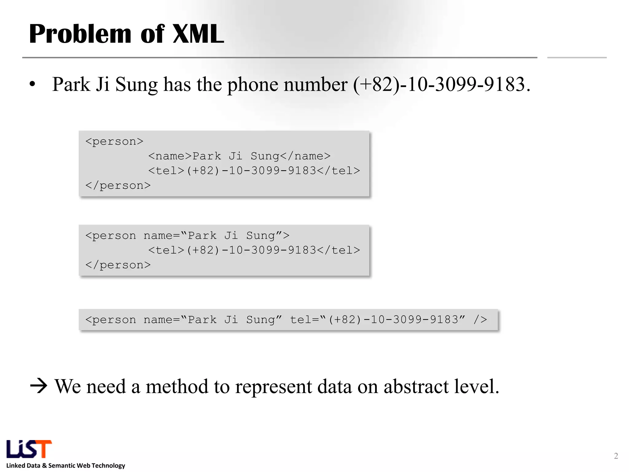 Problem of XML
      • Park Ji Sung has the phone number (+82)-10-3099-9183.

                        <person>
                                 <name>Park Ji Sung</name>
                                 <tel>(+82)-10-3099-9183</tel>
                        </person>



                        <person name=“Park Ji Sung”>
                                 <tel>(+82)-10-3099-9183</tel>
                        </person>



                        <person name=“Park Ji Sung” tel=“(+82)-10-3099-9183” />




       We need a method to represent data on abstract level.


                                                                                  2
Linked Data & Semantic Web Technology
 