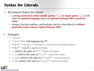 Linked Data & Semantic Web Technology
Syntax for Literals
• the General Syntax for Literals
– a string (enclosed in either double quotes, "...", or single quotes, '...'), with
either an optional language tag or an optional datatype IRI or prefixed
name
– integers, decimal numbers, and booleans can be written directly (without
quotation marks and an explicit datatype IRI)
• Examples
– "chat"
– 'chat'@fr with language tag "fr"
– "xyz"^^<http://example.org/ns/userDatatype>
– "abc"^^appNS:appDataType
– 1, which is the same as "1"^^xsd:integer
– 1.3, which is the same as "1.3"^^xsd:decimal
– 1.0e6, which is the same as "1.0e6"^^xsd:double
– true, which is the same as "true"^^xsd:boolean
15
 