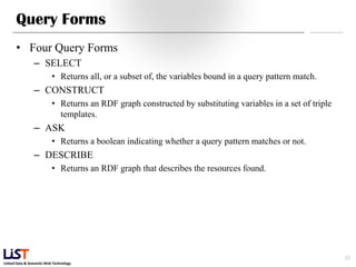 Linked Data & Semantic Web Technology
Query Forms
• Four Query Forms
– SELECT
• Returns all, or a subset of, the variables bound in a query pattern match.
– CONSTRUCT
• Returns an RDF graph constructed by substituting variables in a set of triple
templates.
– ASK
• Returns a boolean indicating whether a query pattern matches or not.
– DESCRIBE
• Returns an RDF graph that describes the resources found.
23
 