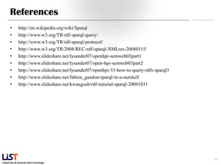 Linked Data & Semantic Web Technology
References
• http://en.wikipedia.org/wiki/Sparql
• http://www.w3.org/TR/rdf-sparql-query/
• http://www.w3.org/TR/rdf-sparql-protocol/
• http://www.w3.org/TR/2008/REC-rdf-sparql-XMLres-20080115/
• http://www.slideshare.net/lysander07/openhpi-semweb03part1
• http://www.slideshare.net/lysander07/open-hpi-semweb03part2
• http://www.slideshare.net/lysander07/openhpi-33-how-to-query-rdfs-sparql3
• http://www.slideshare.net/fabien_gandon/sparql-in-a-nutshell
• http://www.slideshare.net/kwangsub/rdf-tutorial-sparql-20091031
34
 
