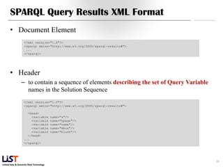 Linked Data & Semantic Web Technology
SPARQL Query Results XML Format
• Document Element
• Header
– to contain a sequence ...