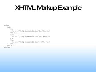 XHTML Markup Example <div> <ul> <li> <a href="http://example.com/dan">Dan</a> </li> <li> <a href="http://example.com/meg">Meg</a> </li> <li> <a href="http://example.com/ray">Ray</a> </li> </ul> </div> 