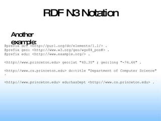RDF N3 Notation @prefix dc: <http://purl.org/dc/elements/1.1/> . @prefix geo: <http://www.w3.org/geo/wgs84_pos#> . @prefix edu: <http://www.example.org/> . <http://www.princeton.edu> geo:lat "40.35" ; geo:long "-74.66" . <http://www.cs.princeton.edu> dc:title "Department of Computer Science" . <http://www.princeton.edu> edu:hasDept <http://www.cs.princeton.edu> . Another example: 
