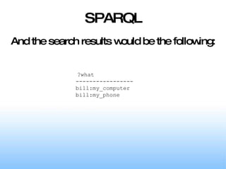 SPARQL And the search results would be the following: ?what ----------------- bill:my_computer bill:my_phone 
