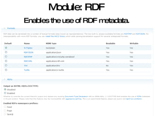 Module: RDF Enables the use of RDF metadata.   