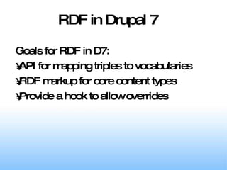 RDF in Drupal 7 Goals for RDF in D7:  API for mapping triples to vocabularies RDF markup for core content types Provide a hook to allow overrides 