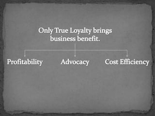 Only True Loyalty brings business benefit.ProfitabilityAdvocacyCost Efficiency