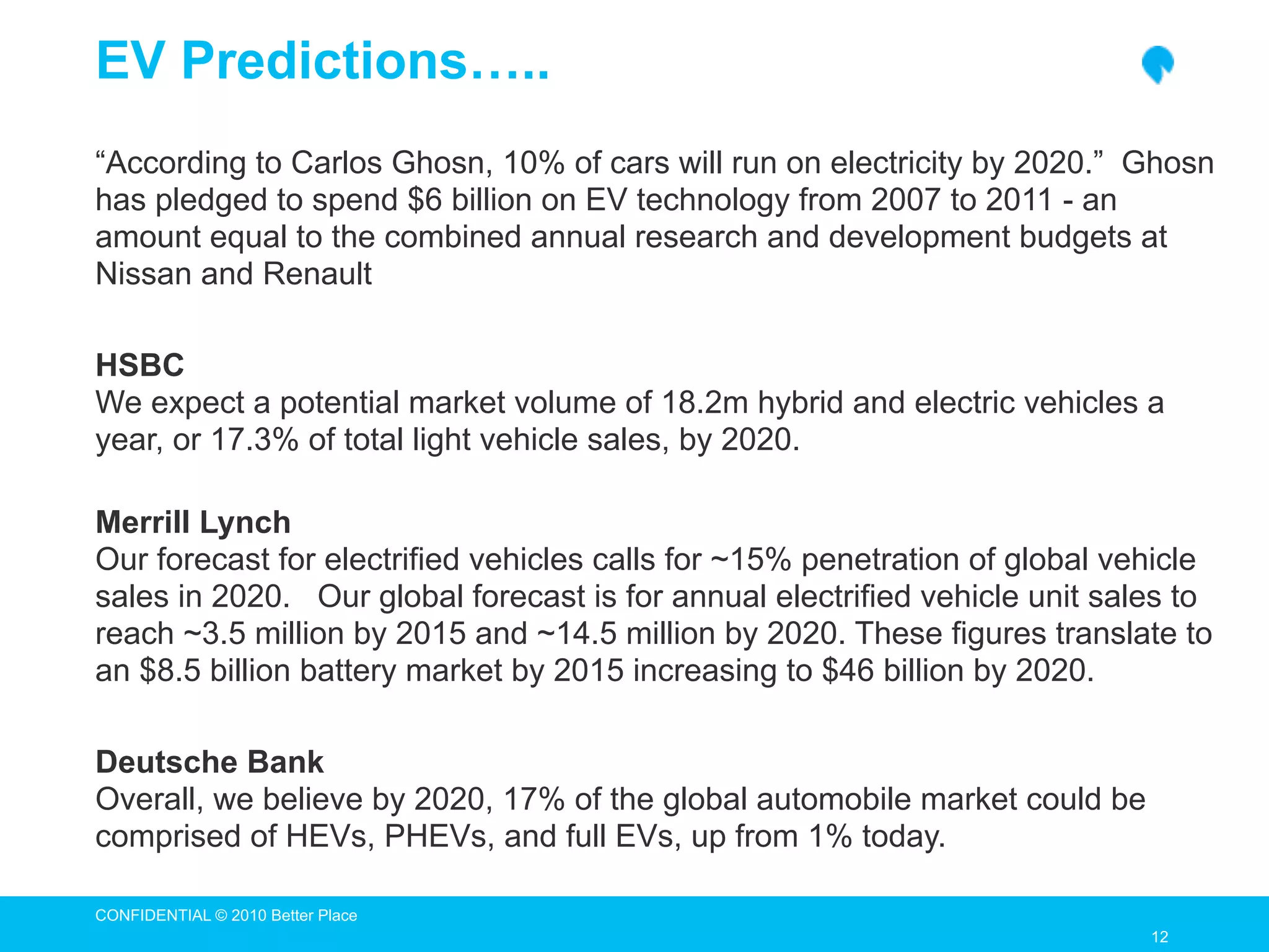 EV Predictions…..
“According to Carlos Ghosn, 10% of cars will run on electricity by 2020.” Ghosn
has pledged to spend $6 billion on EV technology from 2007 to 2011 - an
amount equal to the combined annual research and development budgets at
Nissan and Renault

HSBC
We expect a potential market volume of 18.2m hybrid and electric vehicles a
year, or 17.3% of total light vehicle sales, by 2020.

Merrill Lynch
Our forecast for electrified vehicles calls for ~15% penetration of global vehicle
sales in 2020. Our global forecast is for annual electrified vehicle unit sales to
reach ~3.5 million by 2015 and ~14.5 million by 2020. These figures translate to
an $8.5 billion battery market by 2015 increasing to $46 billion by 2020.

Deutsche Bank
Overall, we believe by 2020, 17% of the global automobile market could be
comprised of HEVs, PHEVs, and full EVs, up from 1% today.

CONFIDENTIAL © 2010 Better Place
                                                                             12
                                                                             12
 