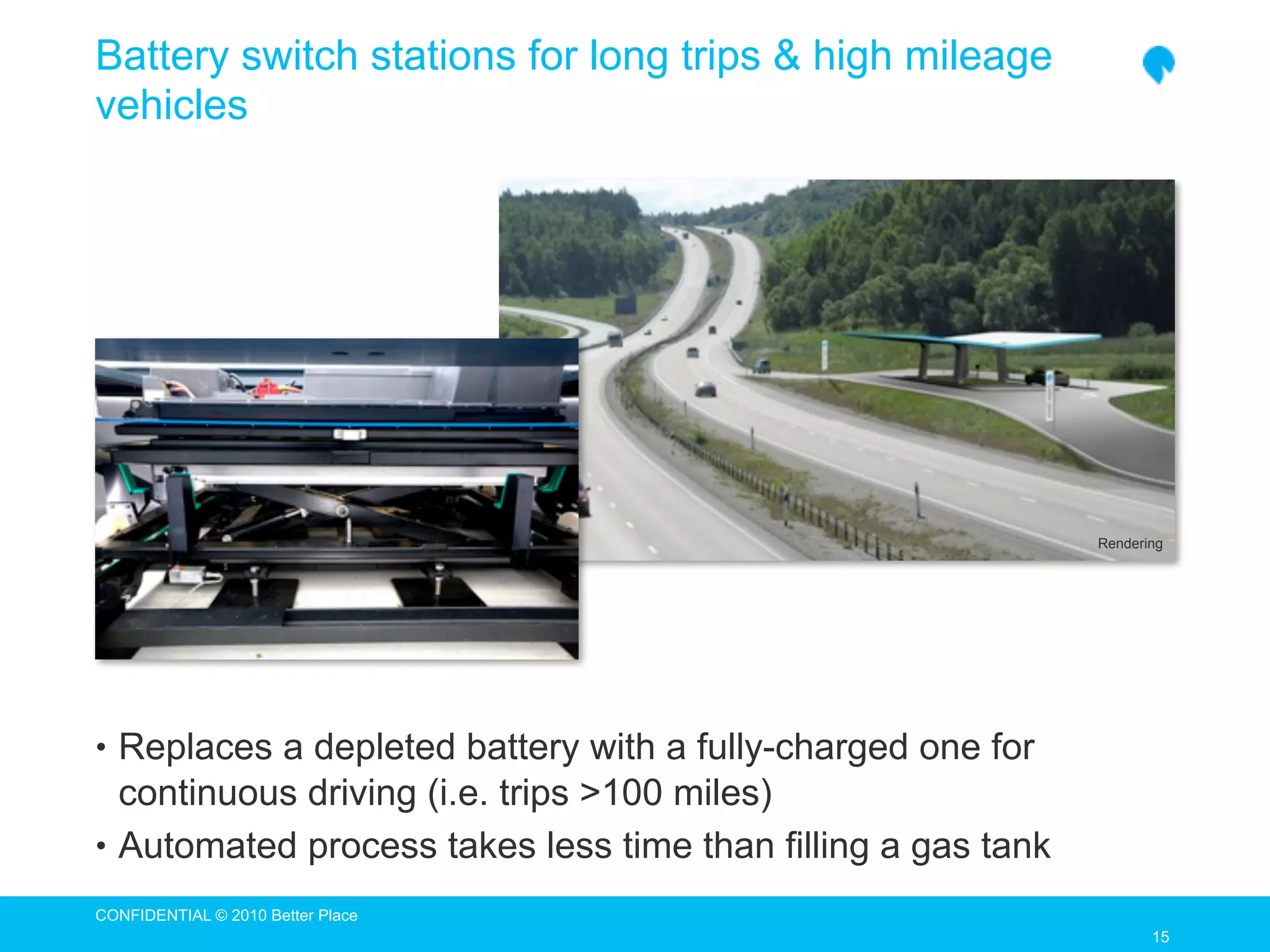 Battery switch stations for long trips & high mileage
vehicles




                                                              Rendering




• Replaces a depleted battery with a fully-charged one for
  continuous driving (i.e. trips >100 miles)
• Automated process takes less time than filling a gas tank

CONFIDENTIAL © 2010 Better Place
                                                                     15
                                                                     15
 