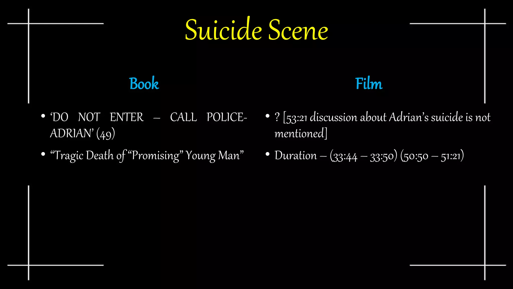 Suicide Scene
Book
• ‘DO NOT ENTER – CALL POLICE-
ADRIAN’ (49)
• “Tragic Death of “Promising” Young Man”
Film
• ? [53:21 discussion about Adrian’s suicide is not
mentioned]
• Duration – (33:44 – 33:50) (50:50 – 51:21)
 
