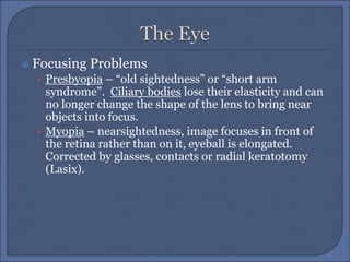  Focusing Problems
• Presbyopia – “old sightedness” or “short arm
syndrome”. Ciliary bodies lose their elasticity and can
no longer change the shape of the lens to bring near
objects into focus.
• Myopia – nearsightedness, image focuses in front of
the retina rather than on it, eyeball is elongated.
Corrected by glasses, contacts or radial keratotomy
(Lasix).
 