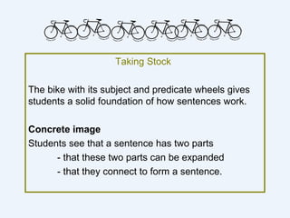 Taking Stock

The bike with its subject and predicate wheels gives
students a solid foundation of how sentences work.

Concrete image
Students see that a sentence has two parts
      - that these two parts can be expanded
      - that they connect to form a sentence.
 