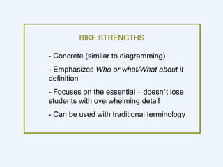 BIKE STRENGTHS

- Concrete (similar to diagramming)
- Emphasizes Who or what/What about it
definition
- Focuses on the essential – doesn’t lose
students with overwhelming detail
- Can be used with traditional terminology
 
