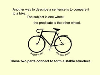 Another way to describe a sentence is to compare it
 to a bike…
          The subject is one wheel;
              the predicate is the other wheel.




These two parts connect to form a stable structure.
 