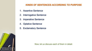 KINDS OF SENTENCES ACCORDING TO PURPOSE
1. Assertive Sentence
2. Interrogative Sentence
3. Imperative Sentence
4. Optative Sentence
Now, let us discuss each of them in detail.
5. Exclamatory Sentence
THE ENGLISH TUTOR
 