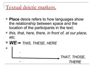 Textual deictic markers. Place  deixis refers to how languages show the relationship between space and the location of the participants in the text:  this, that, here, there, in front of, at our place, etc. WE   THIS, THESE, HERE   THAT, THOSE, THERE 
