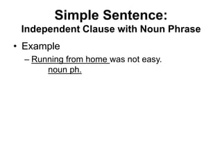 • Example
– Running from home was not easy.
noun ph.
Simple Sentence:
Independent Clause with Noun Phrase
 