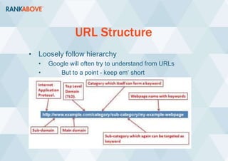 URL Structure
• Loosely follow hierarchy
• Google will often try to understand from URLs
• But to a point - keep em’ short
• Ecommerce sites - only one product page
 