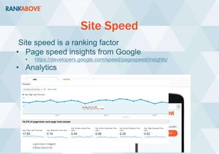 Site Speed
Site speed is a ranking factor
• Page speed insights from Google
• https://developers.google.com/speed/pagespeed/insights/
• Analytics
 