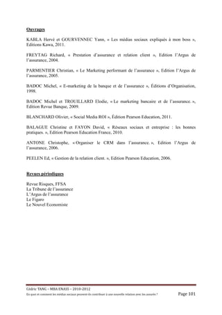 Ouvrages

KABLA Hervé et GOURVENNEC Yann, « Les médias sociaux expliqués à mon boss »,
Editions Kawa, 2011.

FREYTAG Richard, « Prestation d’assurance et relation client », Edition l’Argus de
l’assurance, 2004.

PARMENTIER Christian, « Le Marketing performant de l’assurance », Edition l’Argus de
l’assurance, 2005.

BADOC Michel, « E-marketing de la banque et de l’assurance », Éditions d’Organisation,
1998.

BADOC Michel et TROUILLARD Elodie, « Le marketing bancaire et de l’assurance. »,
Edition Revue Banque, 2009.

BLANCHARD Olivier, « Social Media ROI », Édition Pearson Education, 2011.

BALAGUE Christine et FAYON David, « Réseaux sociaux et entreprise : les bonnes
pratiques. », Edition Pearson Education France, 2010.

ANTONE Christophe, « Organiser le CRM dans l’assurance. », Edition l’Argus de
l’assurance, 2006.

PEELEN Ed, « Gestion de la relation client. », Edition Pearson Education, 2006.


Revues périodiques

Revue Risques, FFSA
La Tribune de l’assurance
L’Argus de l’assurance
Le Figaro
Le Nouvel Economiste




Cé dric	TANG	–	MBA	ENASS	–	2010-2012	
En	quoi	et	comment	les	mé dias	sociaux	peuvent-ils	contribuer	à 	une	nouvelle	relation	avec	les	assuré s	?	   Page	101	
 