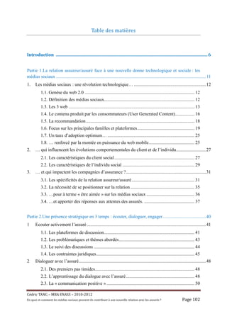 Table	des	matiè res	



Introduction		................................................................................................................................................	6	


Partie 1.La relation assureur/assuré face à une nouvelle donne technologique et sociale : les
médias sociaux ................................................................................................................................... 11
1.     Les médias sociaux : une révolution technologique… ............................................................... 12
           1.1. Genèse du web 2.0 ................................................................................................ 12
           1.2. Définition des médias sociaux............................................................................... 12
           1.3. Les 3 web .............................................................................................................. 13
           1.4. Le contenu produit par les consommateurs (User Generated Content)................. 16
           1.5. La recommandation ............................................................................................... 18
           1.6. Focus sur les principales familles et plateformes .................................................. 19
           1.7. Un taux d’adoption optimum… ............................................................................ 25
           1.8. … renforcé par la montée en puissance du web mobile ........................................ 25
2.     … qui influencent les évolutions comportementales du client et de l’individu .......................... 27
           2.1. Les caractéristiques du client social ...................................................................... 27
           2.2. Les caractéristiques de l’individu social ............................................................... 29
3.     … et qui impactent les compagnies d’assurance ?...................................................................... 31
           3.1. Les spécificités de la relation assureur/assuré ....................................................... 31
           3.2. La nécessité de se positionner sur la relation ........................................................ 35
           3.3. …pour à terme « être aimée » sur les médias sociaux .......................................... 36
           3.4. …et apporter des réponses aux attentes des assurés. ............................................ 37


Partie 2.Une présence stratégique en 3 temps : écouter, dialoguer, engager ...................................... 40
1      Ecouter activement l’assuré ........................................................................................................ 41
           1.1. Les plateformes de discussion ............................................................................... 41
           1.2. Les problématiques et thèmes abordés .................................................................. 43
           1.3. Le suivi des discussions ........................................................................................ 44
           1.4. Les contraintes juridiques...................................................................................... 45
2      Dialoguer avec l’assuré ............................................................................................................... 48
           2.1. Des premiers pas timides....................................................................................... 48
           2.2. L’apprentissage du dialogue avec l’assuré ............................................................ 48
           2.3. La « communication positive » ............................................................................. 50

Cé dric	TANG	–	MBA	ENASS	–	2010-2012	
En	quoi	et	comment	les	mé dias	sociaux	peuvent-ils	contribuer	à 	une	nouvelle	relation	avec	les	assuré s	?	                         Page	102	
 