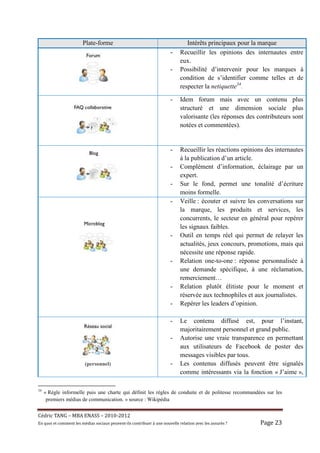 Plate-forme                                                Intérêts principaux pour la marque
                                                                            -    Recueillir les opinions des internautes entre
                                                                                 eux.
                                                                            -    Possibilité d’intervenir pour les marques à
                                                                                 condition de s’identifier comme telles et de
                                                                                 respecter la netiquette34.

                                                                            -    Idem forum mais avec un contenu plus
                                                                                 structuré et une dimension sociale plus
                                                                                 valorisante (les réponses des contributeurs sont
                                                                                 notées et commentées).


                                                                            -    Recueillir les réactions opinions des internautes
                                                                                 à la publication d’un article.
                                                                            -    Complément d’information, éclairage par un
                                                                                 expert.
                                                                            -    Sur le fond, permet une tonalité d’écriture
                                                                                 moins formelle.
                                                                            -    Veille : écouter et suivre les conversations sur
                                                                                 la marque, les produits et services, les
                                                                                 concurrents, le secteur en général pour repérer
                                                                                 les signaux faibles.
                                                                            -    Outil en temps réel qui permet de relayer les
                                                                                 actualités, jeux concours, promotions, mais qui
                                                                                 nécessite une réponse rapide.
                                                                            -    Relation one-to-one : réponse personnalisée à
                                                                                 une demande spécifique, à une réclamation,
                                                                                 remerciement…
                                                                            -    Relation plutôt élitiste pour le moment et
                                                                                 réservée aux technophiles et aux journalistes.
                                                                            -    Repérer les leaders d’opinion.

                                                                            -    Le contenu diffusé est, pour l’instant,
                                                                                 majoritairement personnel et grand public.
                                                                            -    Autorise une vraie transparence en permettant
                                                                                 aux utilisateurs de Facebook de poster des
                                                                                 messages visibles par tous.
                           (personnel)                                      -    Les contenus diffusés peuvent être signalés
                                                                                 comme intéressants via la fonction « J’aime »,

34
     « Règle informelle puis une charte qui définit les règles de conduite et de politesse recommandées sur les
      premiers médias de communication. » source : Wikipédia


Cé dric	TANG	–	MBA	ENASS	–	2010-2012	
En	quoi	et	comment	les	mé dias	sociaux	peuvent-ils	contribuer	à 	une	nouvelle	relation	avec	les	assuré s	?	   Page	23	
 