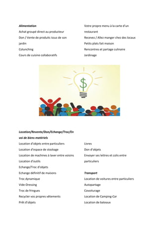 !
!
!
Alimentation*
Achat!groupé!direct!au!producteur!
Don!/!Vente!de!produits!issus!de!son!
jardin!
Colunching!
Cours!de!cuisine!collaboratifs!
!
Votre!propre!menu!à!la!carte!d’un!
restaurant!
Recevez!/!Allez!manger!chez!des!locaux!
Petits!plats!fait!maison!
Rencontres!et!partage!culinaire!
Jardinage!
*
*
*
Location/Revente/Don/Echange/Troc/En
voi*de*biens*matériels*
Location!d’objets!entre!particuliers!
Location!d’espace!de!stockage!
Location!de!machines!à!laver!entre!voisins!
Location!d’outils!
Echange/Troc!d’objets!
Echange!définitif!de!maisons!
Troc!dynamique!
VideBDressing!
Troc!de!fringues!
Recycler!vos!propres!vêtements!
Prêt!d’objets!
!
!
!
Livres!
Don!d’objets!
Envoyer!ses!lettres!et!colis!entre!
particuliers!
!
Transport*
Location!de!voitures!entre!particuliers!
Autopartage!
Covoiturage!
Location!de!CampingBCar!
Location!de!bateaux!
 