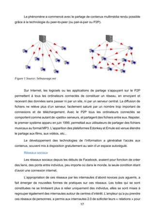 17
Le phénomène a commencé avec le partage de contenus multimédia rendu possible
grâce à la technologie du peer-to-peer (ou pair-à-pair ou P2P).
Figure 1 Source: Sebsauvage.net
Sur Internet, les logiciels ou les applications de partage s’appuyant sur le P2P
permettent à tous les ordinateurs connectés de constituer un réseau, en envoyant et
recevant des données sans passer ni par un site, ni par un serveur central. La diffusion de
fichiers ne relève plus d’un serveur, facilement saturé par un nombre trop important de
connexions et de téléchargement. Avec le P2P tous les ordinateurs connectés se
comportent comme autant de «petits» serveurs, et partagent des fichiers entre eux. Napster,
le premier système apparu en juin 1999, permettait aux utilisateurs de partager des fichiers
musicaux au format MP3. L’apparition des plateformes Edonkey et Emule est venue étendre
le partage aux films, aux vidéos, etc...
Le développement des technologies de l’information a généralisé l’accès aux
contenus, souvent mis à disposition gratuitement au sein d’un espace autorégulé.
Réseaux sociaux
Les réseaux sociaux depuis les débuts de Facebook, avaient pour fonction de créer
des liens, des ponts entre individus, peu importe où dans le monde, la seule condition étant
d’avoir une connexion internet.
L’appropriation de ces réseaux par les internautes d’abord novices puis aguerris, a
fait émerger de nouvelles formes de pratiques sur ces réseaux. Les toiles qui se sont
constituées ne se limitaient plus à relier uniquement des individus, elles se sont mises à
regrouper également des internautes autour de centres d’intérêt. L’ampleur qu’a pu prendre
ces réseaux de personnes, a permis aux internautes 2.0 de solliciter leurs « relations » pour
 