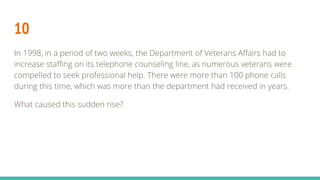 10
In 1998, in a period of two weeks, the Department of Veterans Affairs had to
increase staffing on its telephone counseling line, as numerous veterans were
compelled to seek professional help. There were more than 100 phone calls
during this time, which was more than the department had received in years.
What caused this sudden rise?
 
