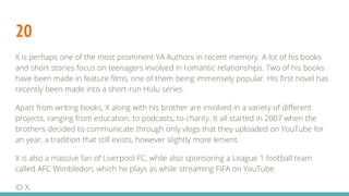 20
X is perhaps one of the most prominent YA Authors in recent memory. A lot of his books
and short stories focus on teenagers involved in romantic relationships. Two of his books
have been made in feature films, one of them being immensely popular. His first novel has
recently been made into a short-run Hulu series.
Apart from writing books, X along with his brother are involved in a variety of different
projects, ranging from education, to podcasts, to charity. It all started in 2007 when the
brothers decided to communicate through only vlogs that they uploaded on YouTube for
an year, a tradition that still exists, however slightly more lenient.
X is also a massive fan of Liverpool FC, while also sponsoring a League 1 football team
called AFC Wimbledon, which he plays as while streaming FIFA on YouTube.
ID X.
 