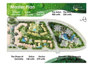 Master Plan
Almond         Belize       Callery     The Aston   The Red Oak
350 units      195 units    243 units   400 units   520 units




The Shops at      Dolce       Encino          Meranti    The Sequoia
   Serendra     138 units   274 units        715 units   March 2012
 