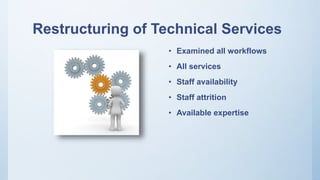 Restructuring of Technical Services
• Examined all workflows
• All services
• Staff availability
• Staff attrition
• Available expertise
 