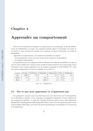 Chapitre 4

                                       Apprendre un comportement

                                          Notre but est maintenant d’enseigner un comportement à un personnage, au lieu de spéciﬁer
                                       toutes les distributions à la main. Un enseignant humain pilote le personnage à la souris et
tel-00366235, version 1 - 6 Mar 2009




                                       au clavier, et nous récoltons des données sur ce pilotage, de façon à déterminer nos tables de
                                       probabilités.
                                          Apprendre un comportement, c’est ajuster ses paramètres au regard :
                                          – des connaissances a priori que nous avons sur les valeurs de ces paramètres ;
                                          – de données expérimentales.
                                          Les paramètres que nous apprenons sont les éléments des tables de probabilités qui sont au
                                       cœur de notre modèle. Par exemple, pour le modèle de séquencement de notre personnage Unreal
                                       Tournament nous voulons apprendre tous les nombres composant la table P(Sant´ | Tt ), dont
                                                                                                                          e
                                       une version programmée à la main est rappelée sur la table 4.1.

                                             prudent   Attaque    RechArme      RechSant´
                                                                                        e     Exploration    Fuite    D´tDanger
                                                                                                                       e
                                               Bas       0.001          0.1             x             0.1      0.7          0.1
                                              Moyen        0.1            x          0.01               x      0.2            x
                                              Haut           x            x         0.001               x      0.1            x

                                                                           Tab. 4.1 – P (Sant´|Tt )
                                                                                             e




                                       4.1     Sur ce que nous apprenons, et n’apprenons pas
                                           Les paramètres auxquels nous nous intéressons sont ceux des facteurs de la décomposition
                                       de la distribution conjointe. Il est cependant envisageable d’apprendre d’autres éléments de
                                       nos programmes bayésiens : le choix des variables pertinentes parmi toutes celles disponibles
                                       [Dangauthier 03] [Dangauthier 05b] [Dangauthier 05a], le choix de la décomposition parmi toutes
                                       celles possibles [Diard 03a], ou le choix des formes paramétriques correspondant aux facteurs de
                                       la décomposition.

                                                                                     73
 