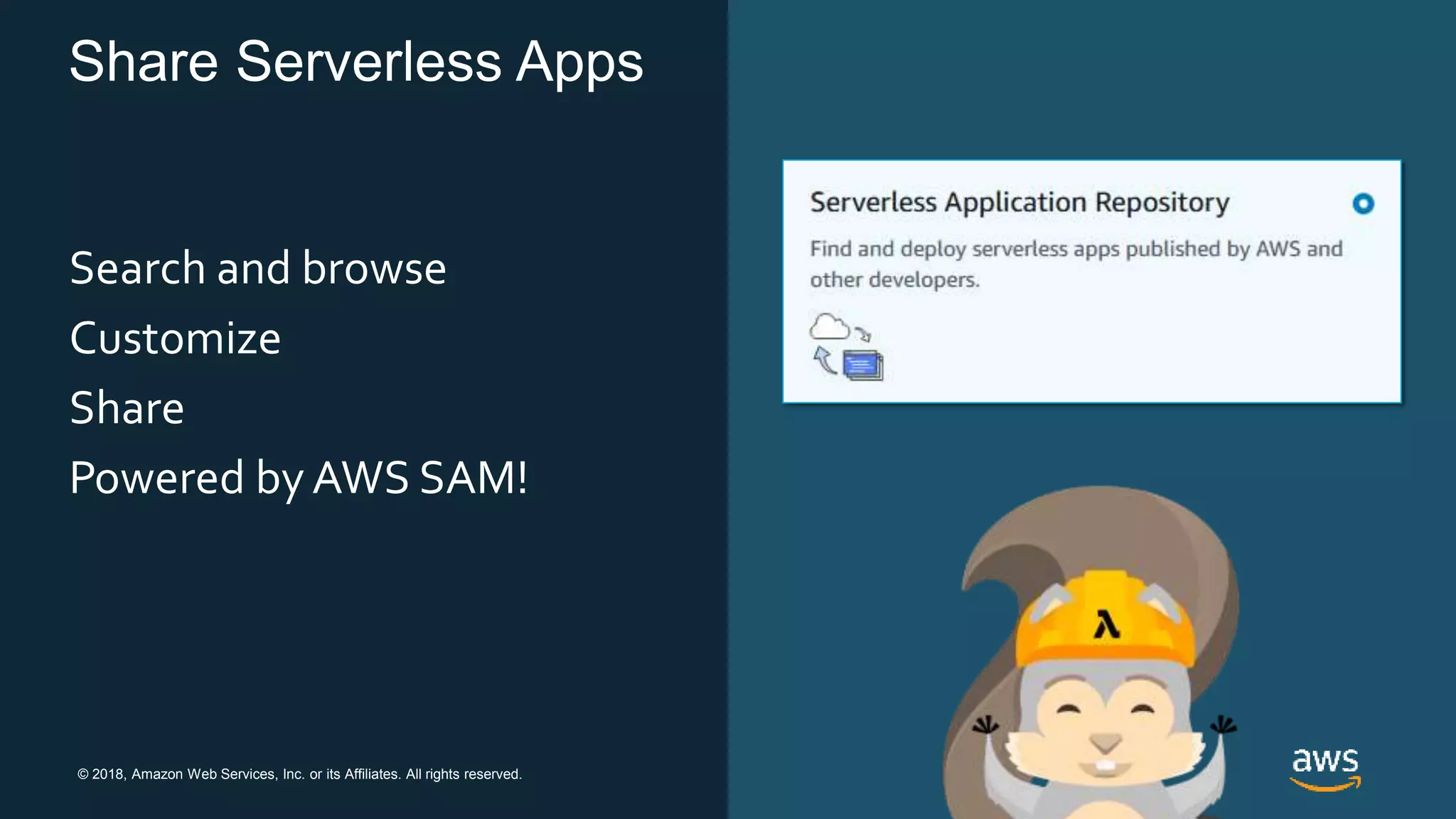 © 2018, Amazon Web Services, Inc. or its Affiliates. All rights reserved.
Share Serverless Apps
Search and browse
Customize
Share
Powered by AWS SAM!
 